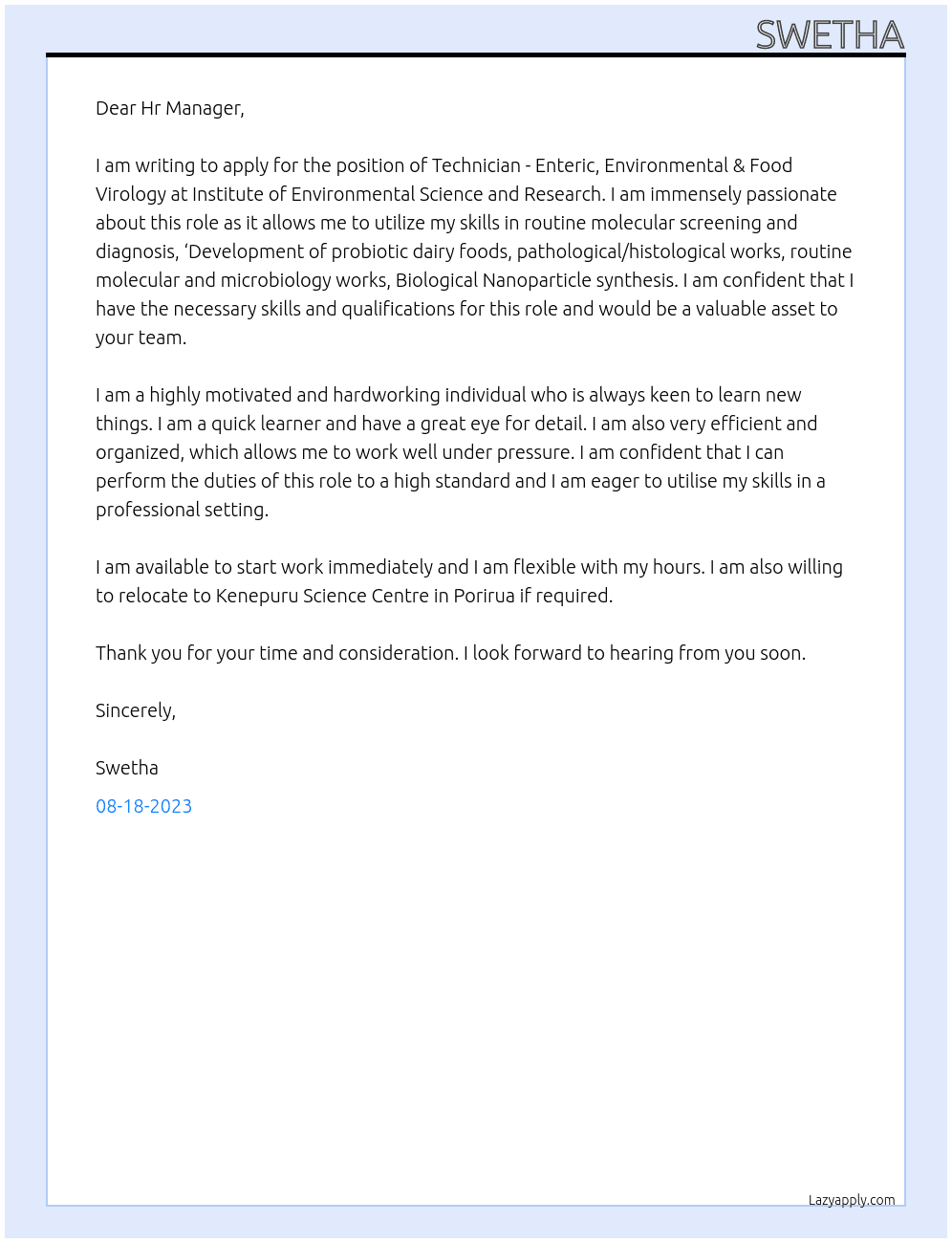 Technician - Enteric, Environmental & Food Virology At Institute of Environmental Science and Research Cover Letter