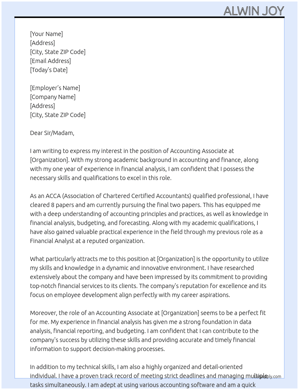 Accounting associate At Organization Cover Letter