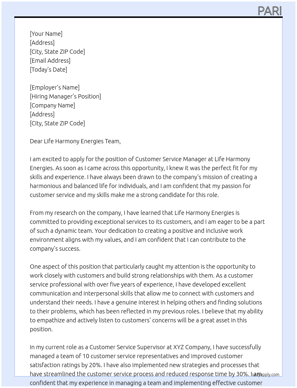 Customer Service Manager At Life Harmony Energies Cover Letter