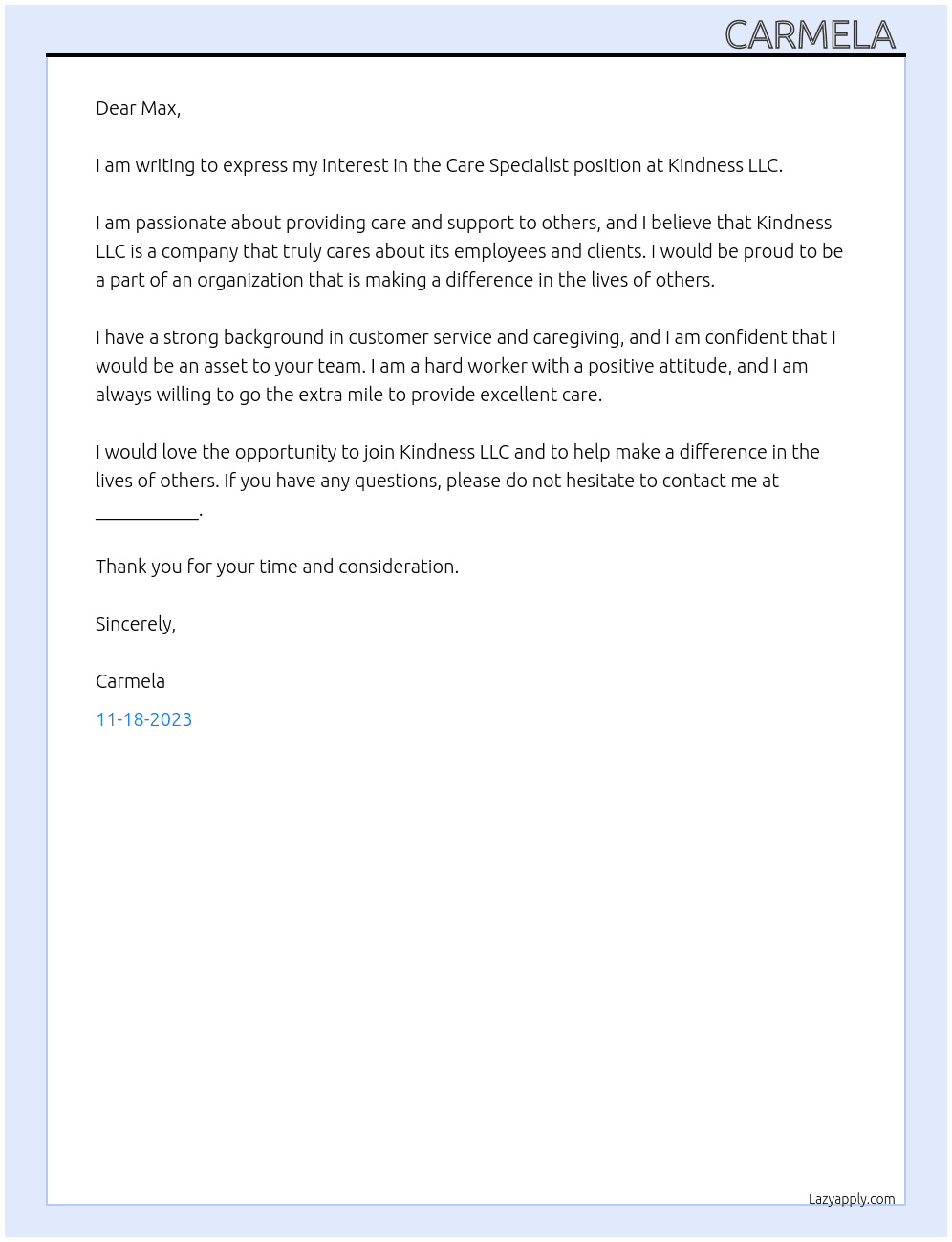 Care Specialist  At Kindness llc Cover Letter