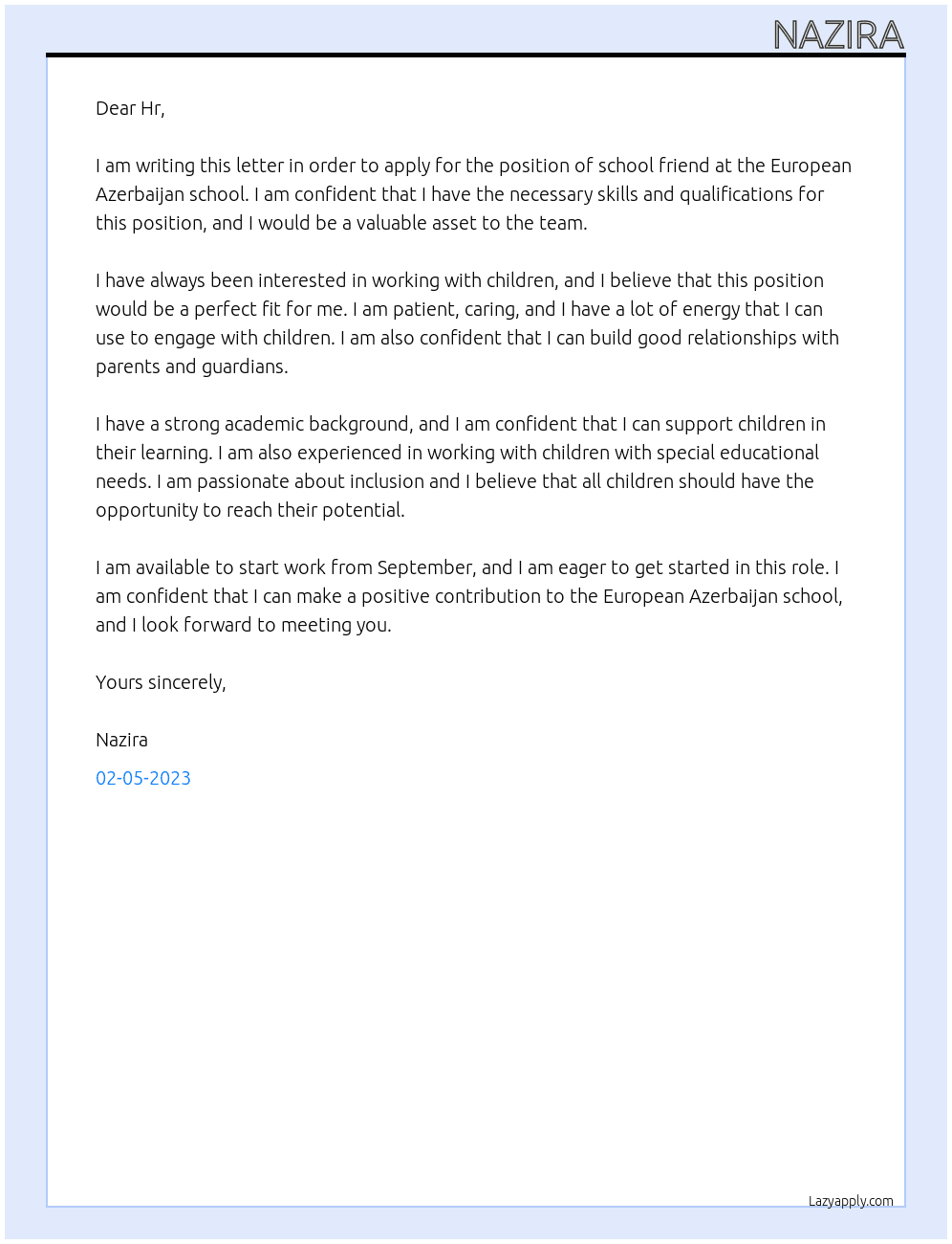 Cover letter for school friend - LazyApply