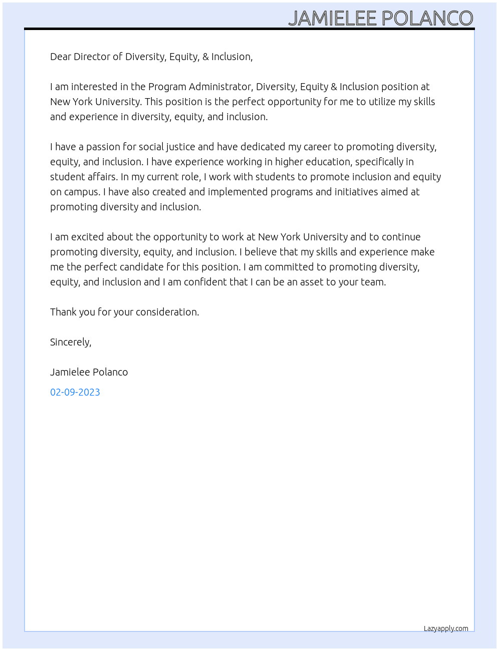 Cover letter for program administrator, diversity, equity & inclusion - LazyApply
