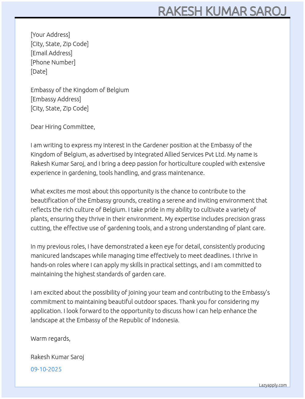 Gardner  At Integrated Alied Services Pvt Ltd  Cover Letter
