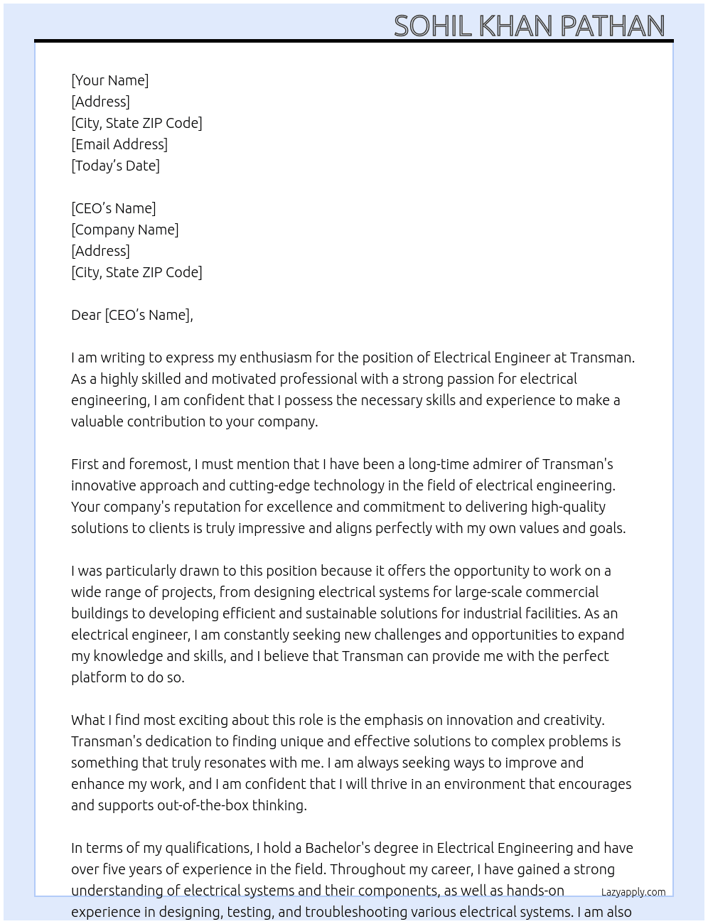 ELECTRICAL ENGINEER  At Transman Cover Letter