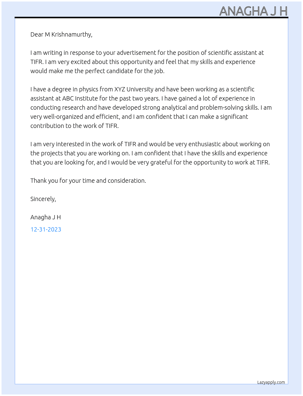 scientific assistant At TIFR Cover Letter