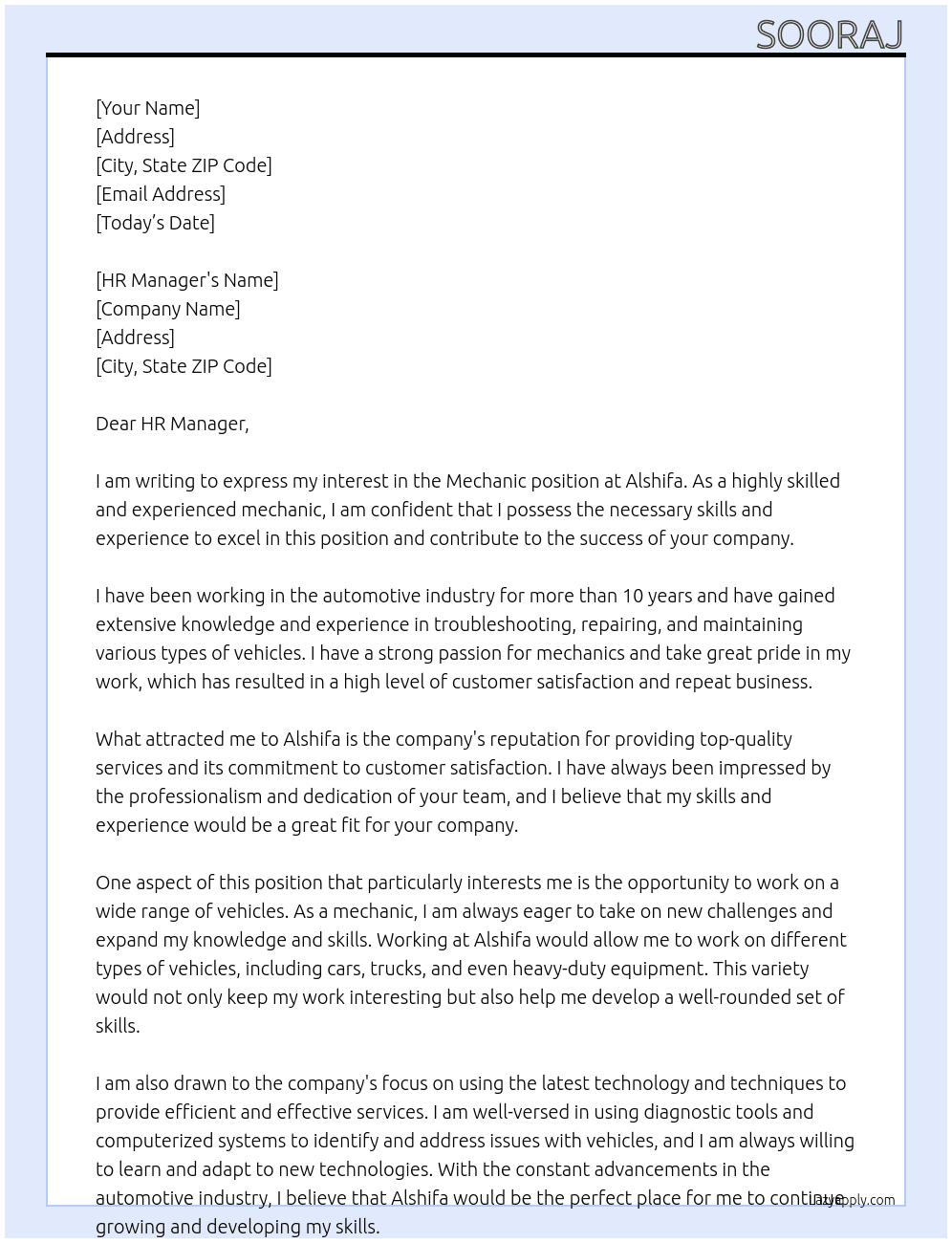 MECHANIC At ALSHIFA Cover Letter