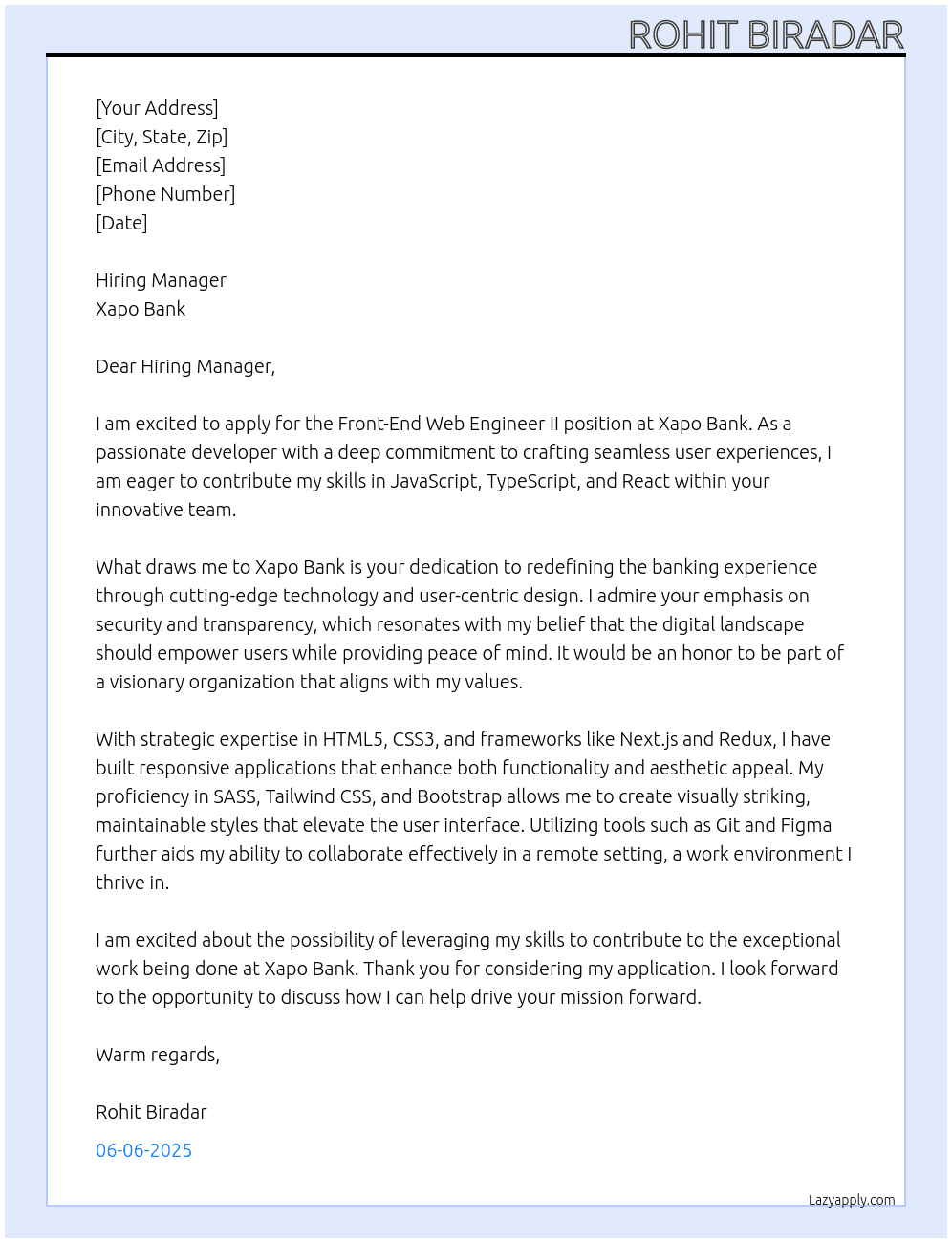 Cover letter for front-end web engineer ii - LazyApply