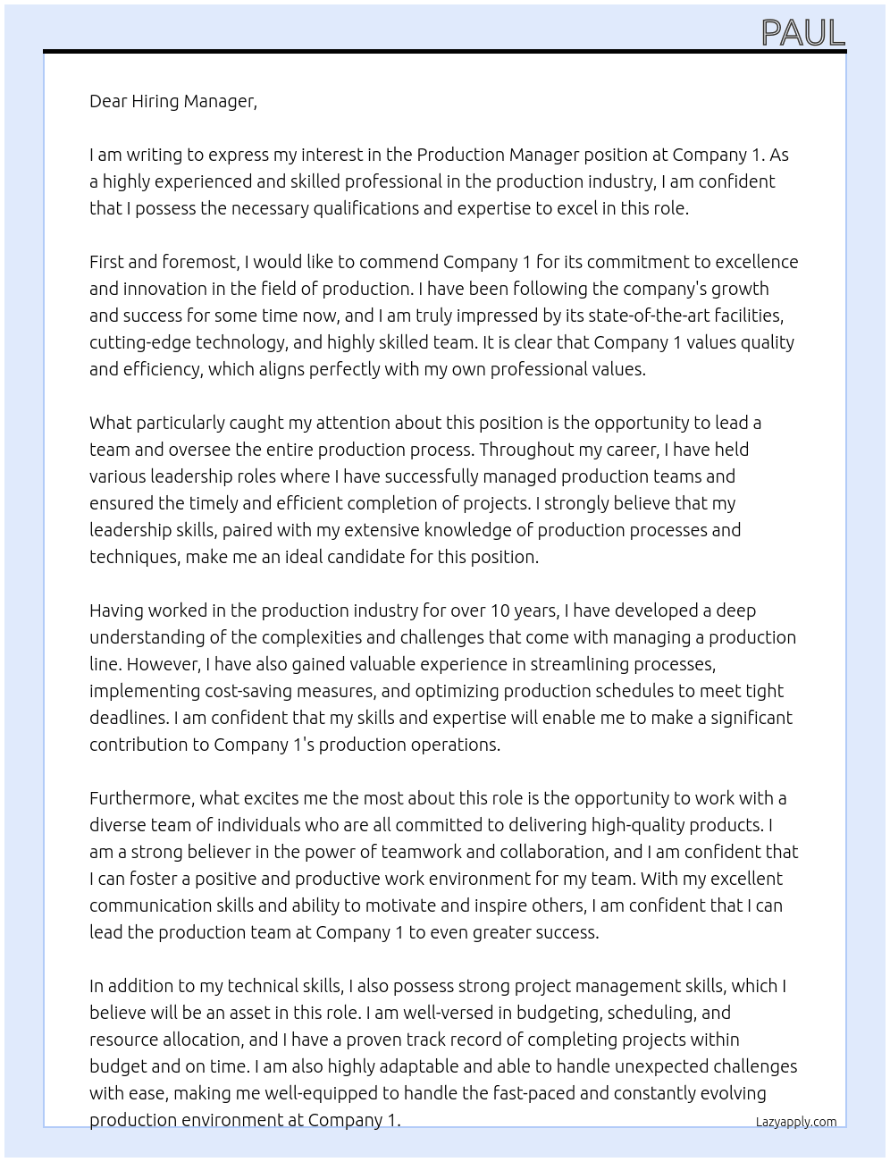 Production Manager  At Company 1 Cover Letter