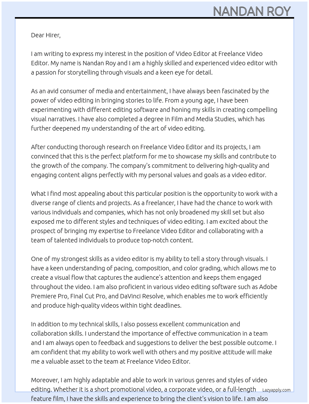 Video editor  At Freelance video editor  Cover Letter
