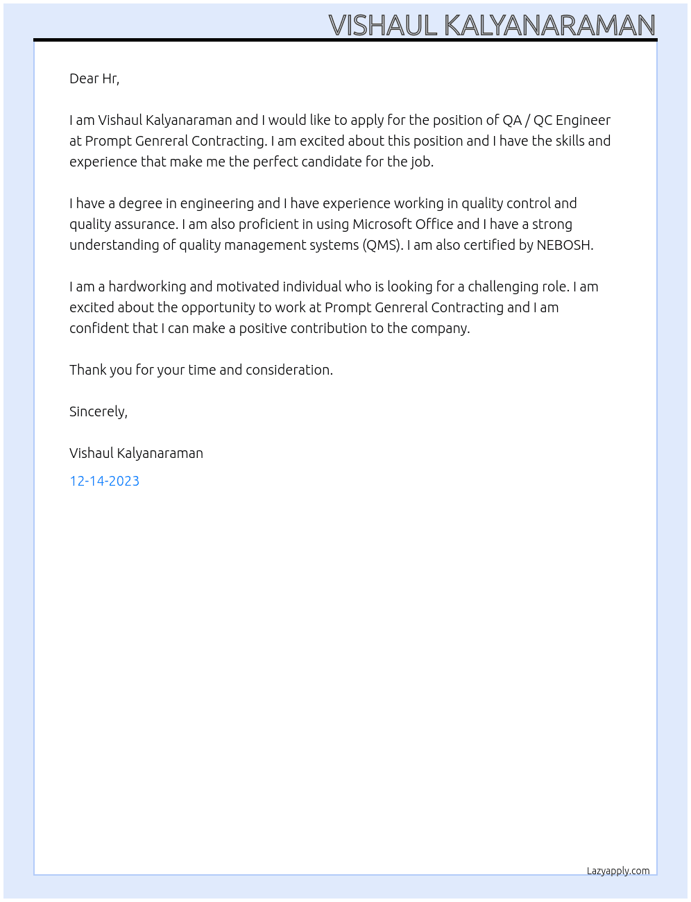 QA / QC Engineer At Prompt Genreral Contracting Cover Letter