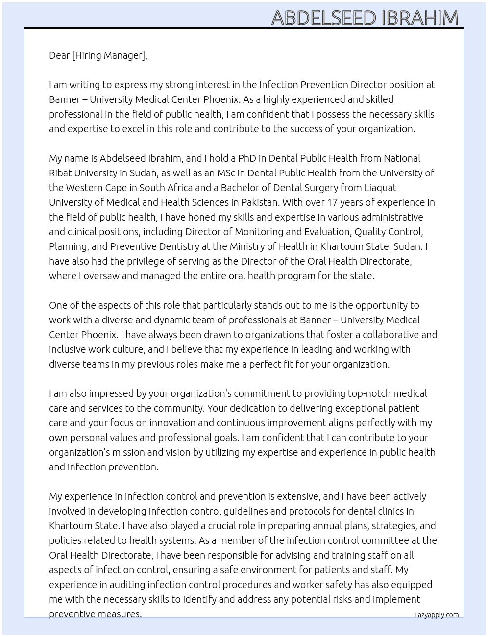 Infection Prevention Director At Banner – University Medical Center Phoenix Cover Letter