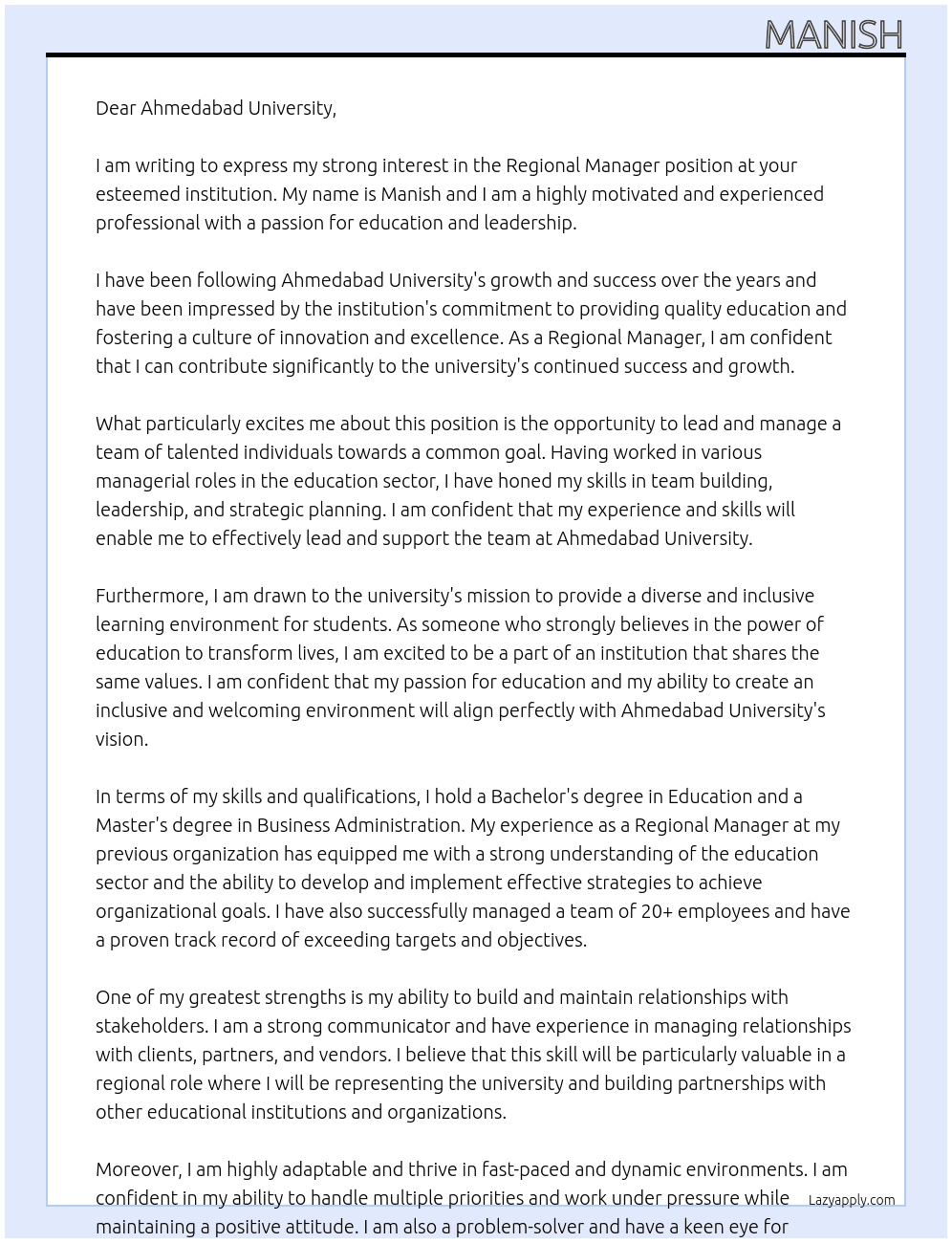Regional Manager At Ahmedabad university Cover Letter