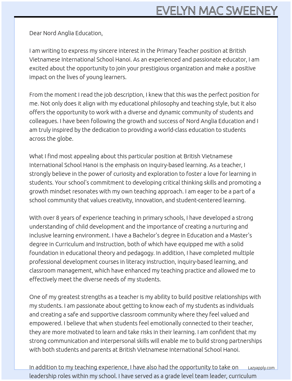 Primary Teacher At British Vietnamese International School Hanoi Cover Letter