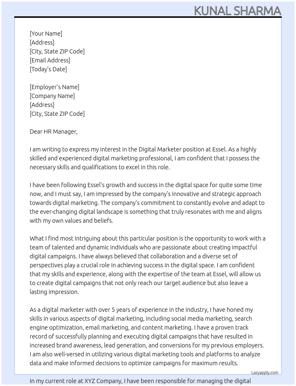 Digital Marketer At Essel Cover Letter