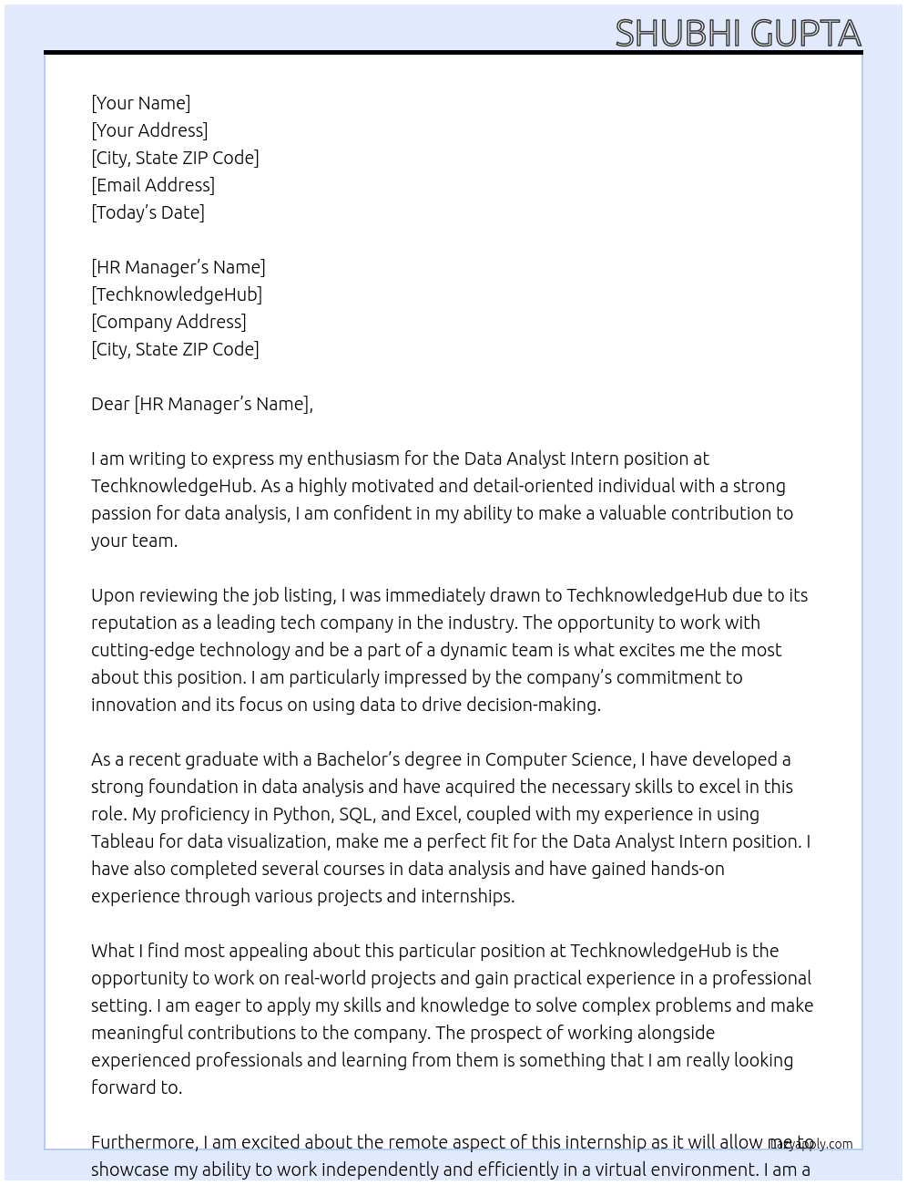 Data Analyst Intern At TechknowledgeHub Cover Letter