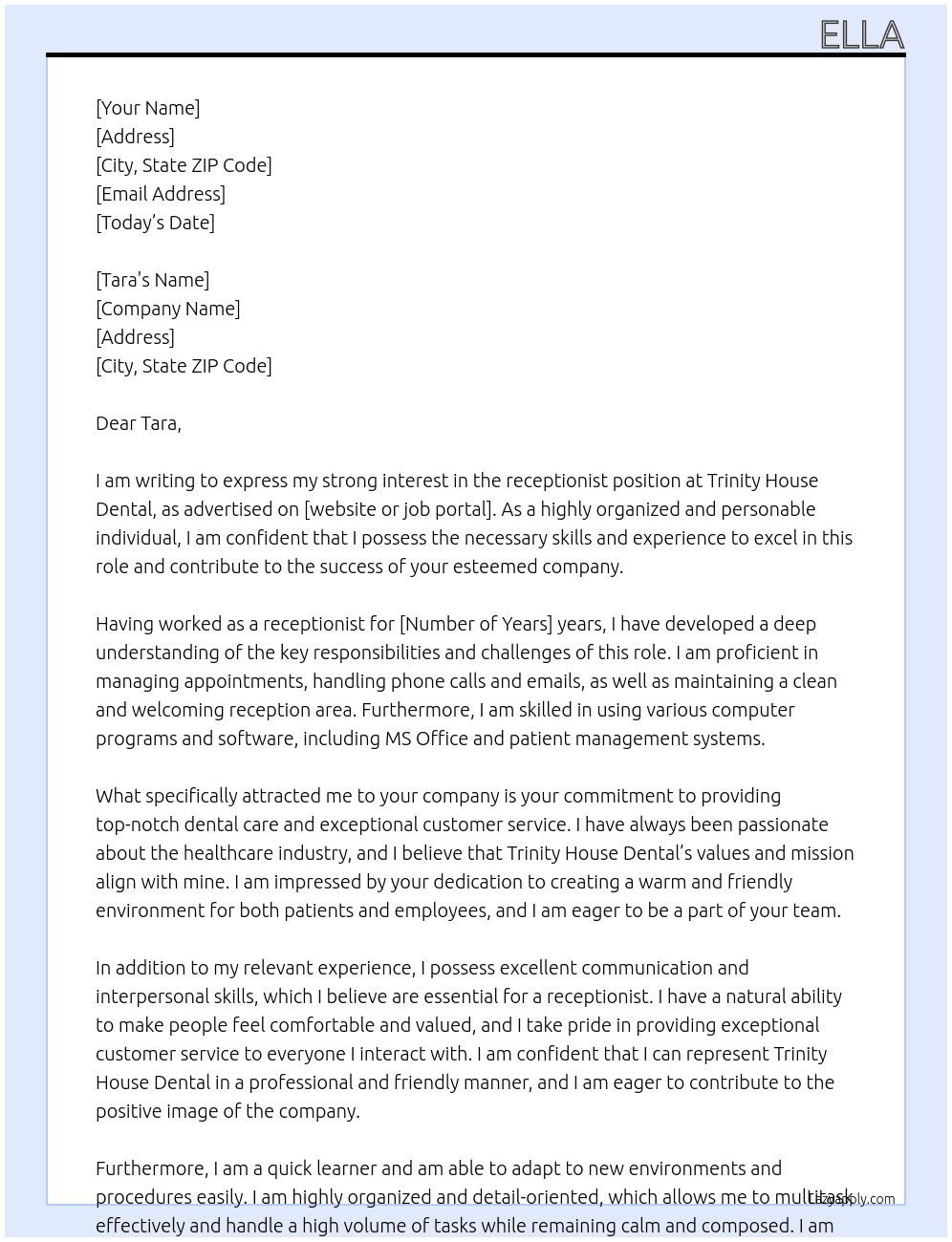 Receptionist  At Trinity House Dental Cover Letter