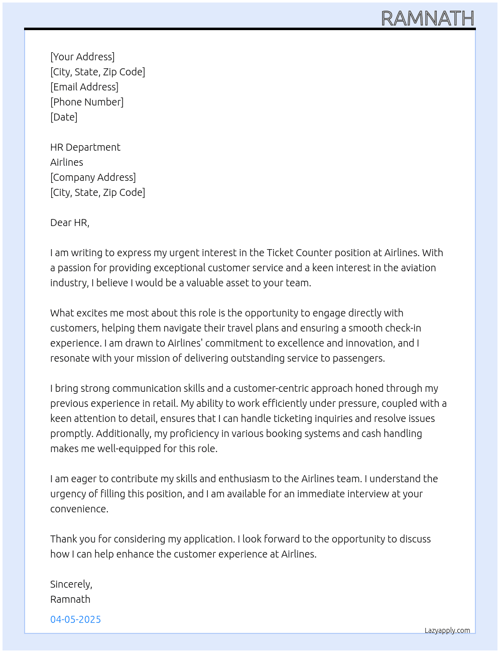 Ticket counter At Airlines Cover Letter