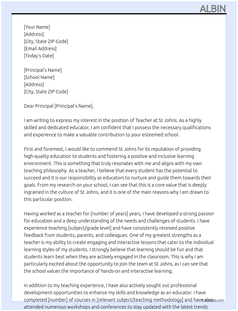 Teacher At St Johns Cover Letter