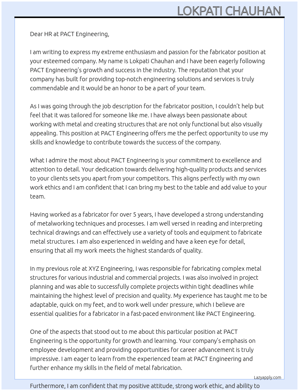  fabricator  At PACT engreeing  Cover Letter