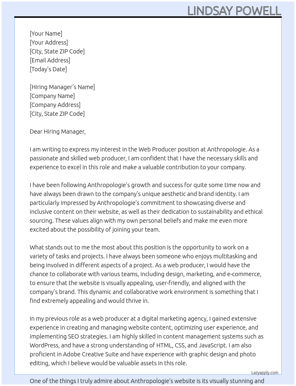 Web Producer At Anthropologie Cover Letter