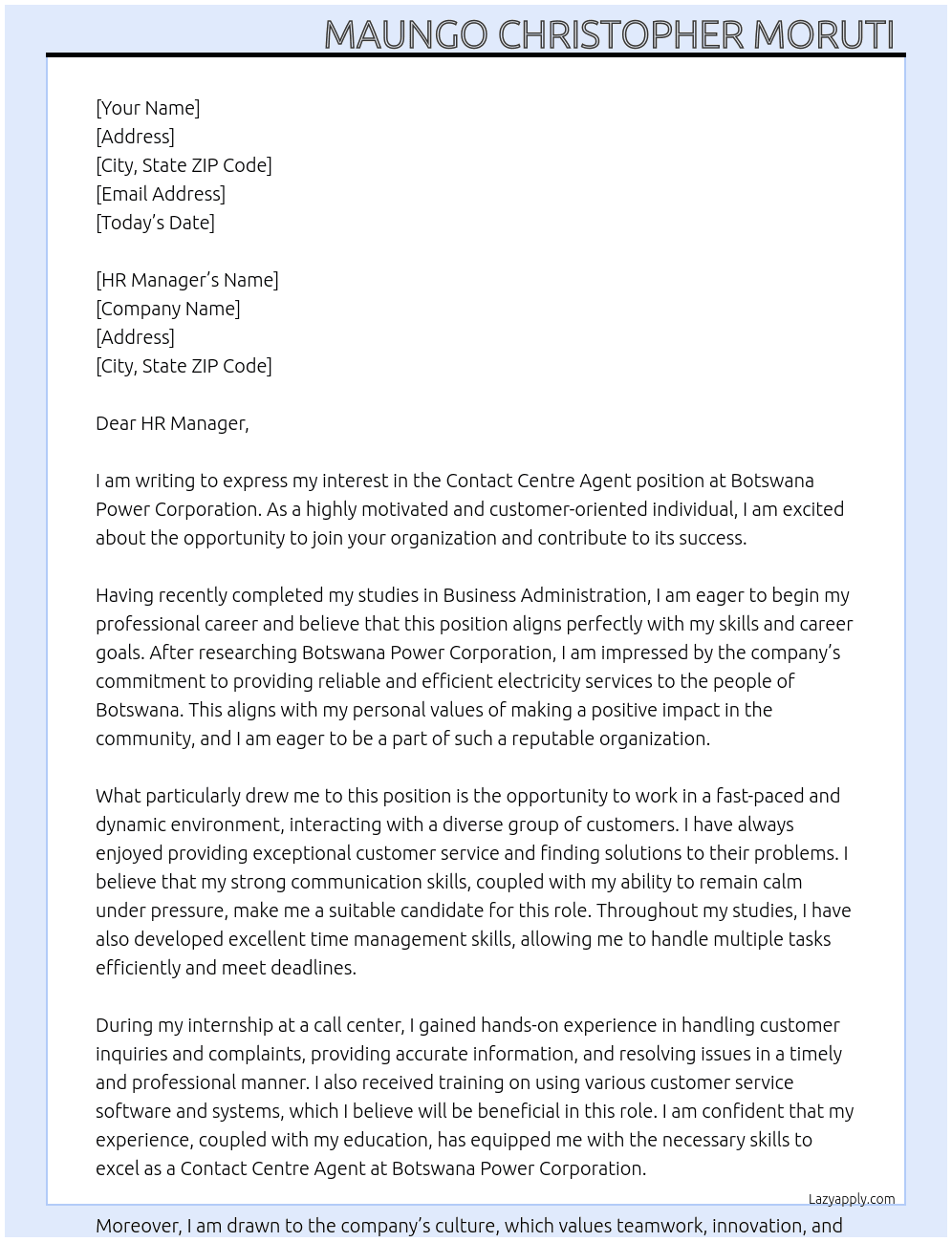 Contact centre agent At Botswana Power Corporation  Cover Letter