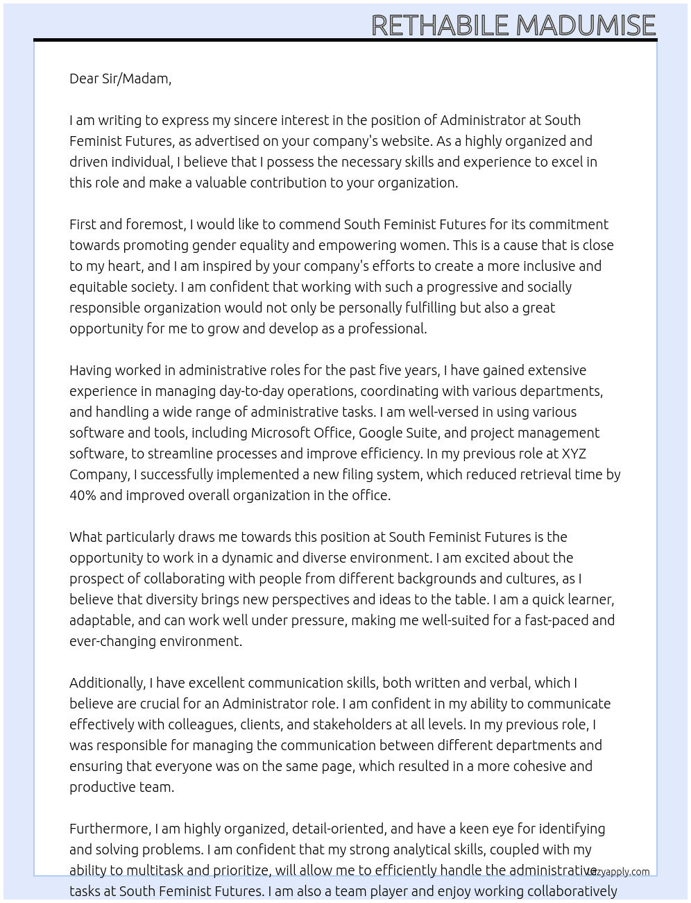 Administrator  At South Feminist Futures Cover Letter