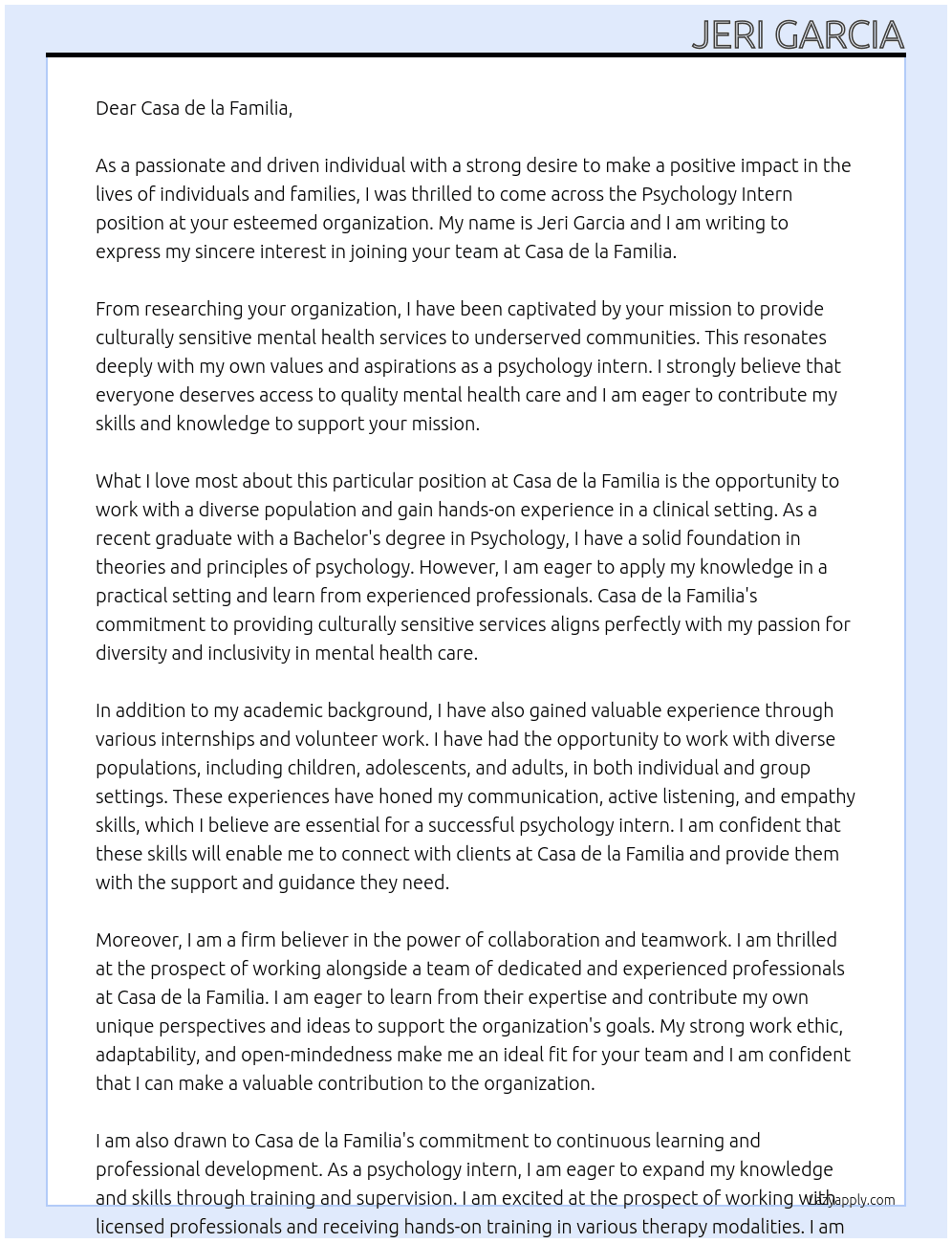 Psychology Intern At Casa de la Familia Cover Letter