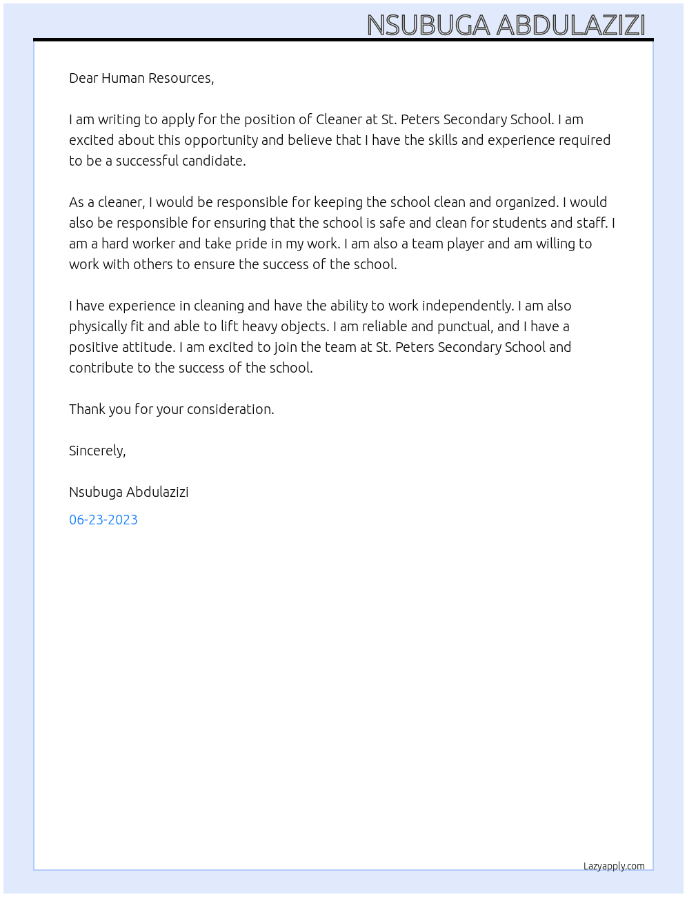 Cleaner  At ST.PETERS SECONDARY SCHOOL  Cover Letter