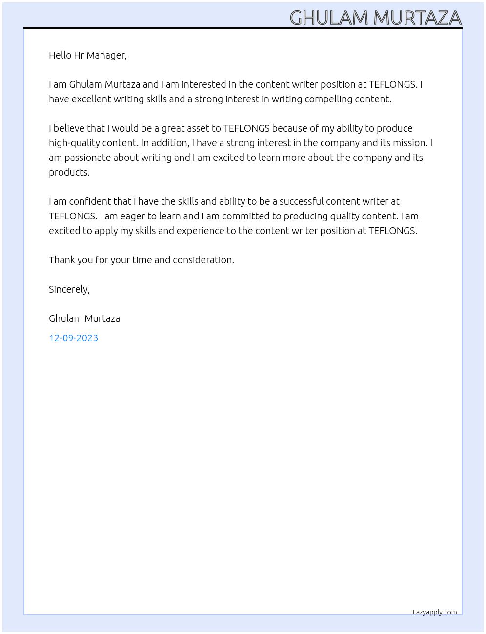 Content writer At TEFLONGS  Cover Letter