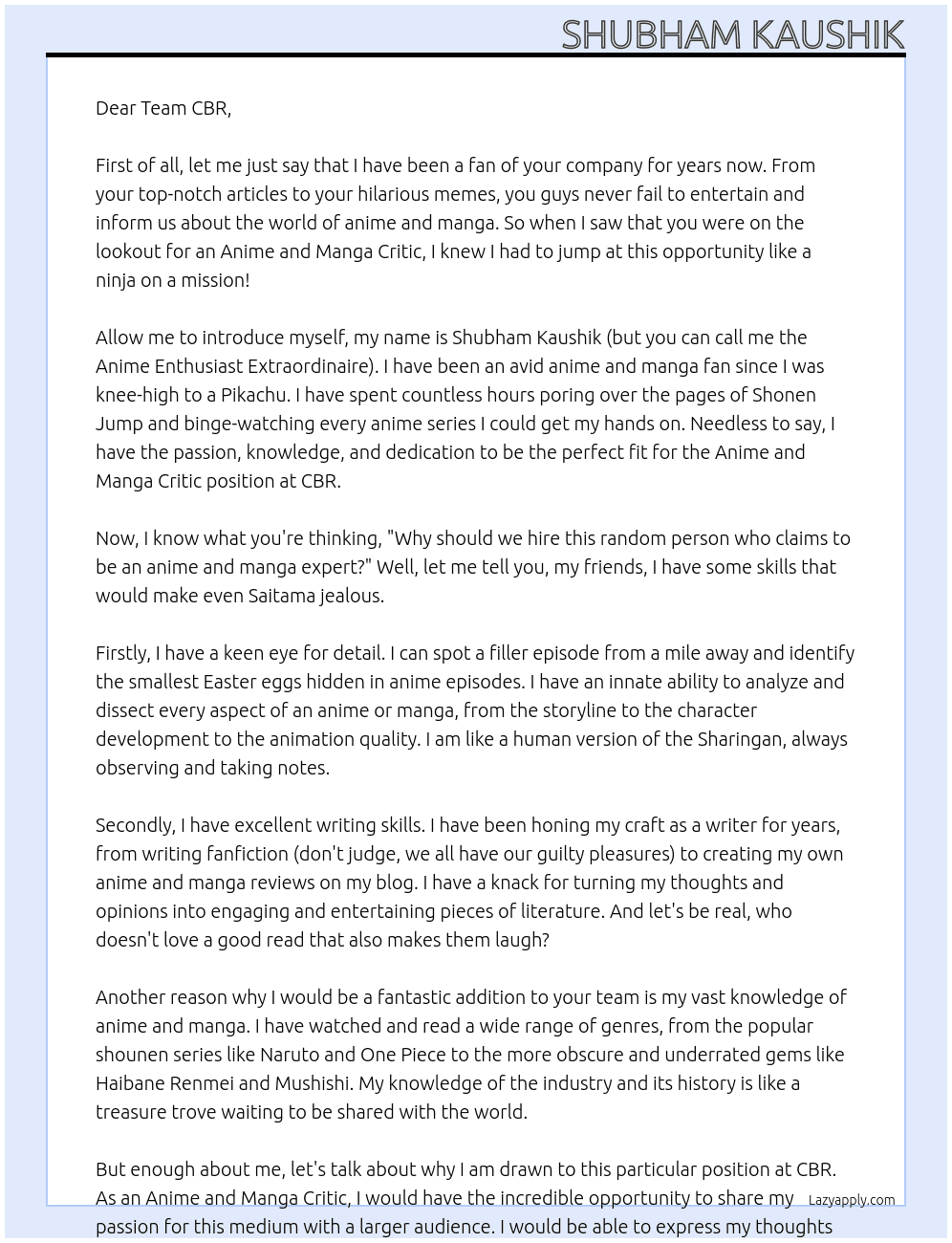 Anime and Manga Critic At CBR Cover Letter