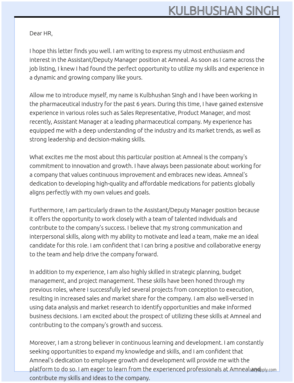 Assistant/Deputy Manager At Amneal  Cover Letter