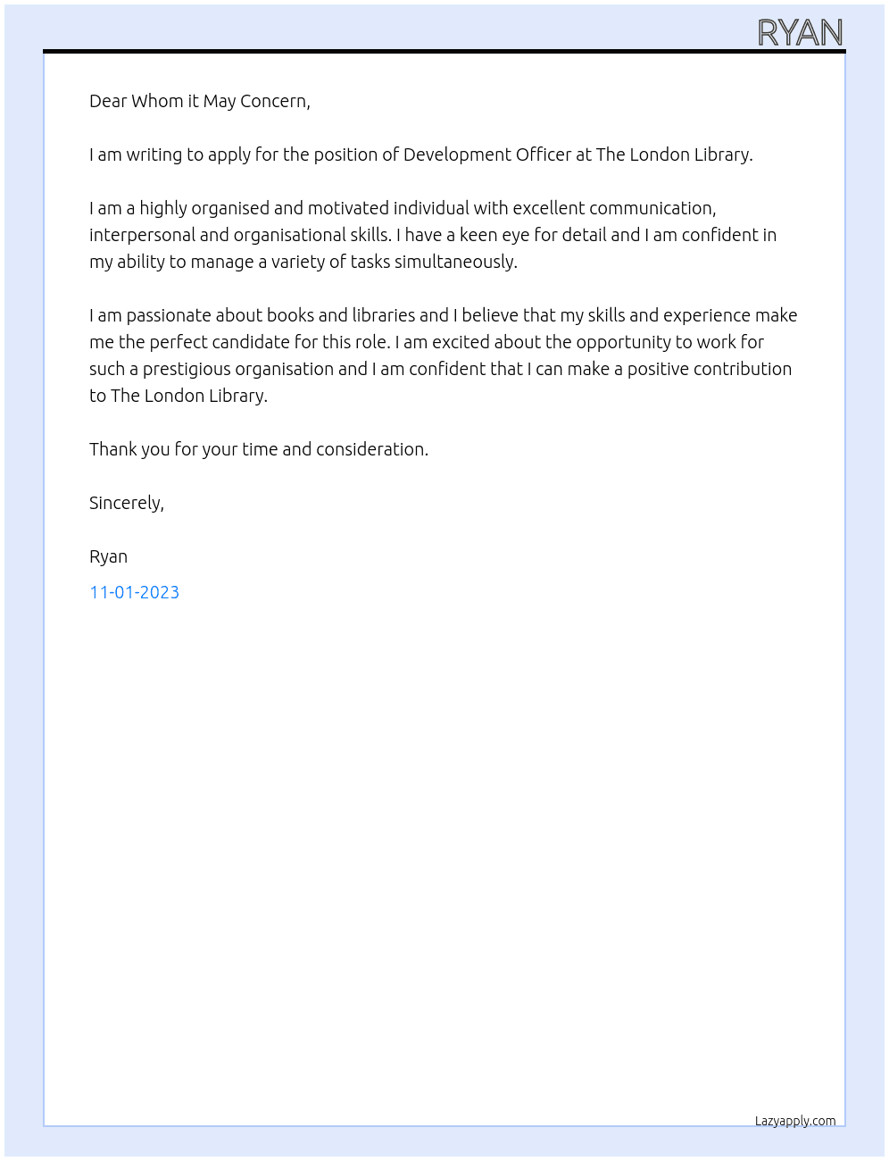 Development Officer At The London Library  Cover Letter