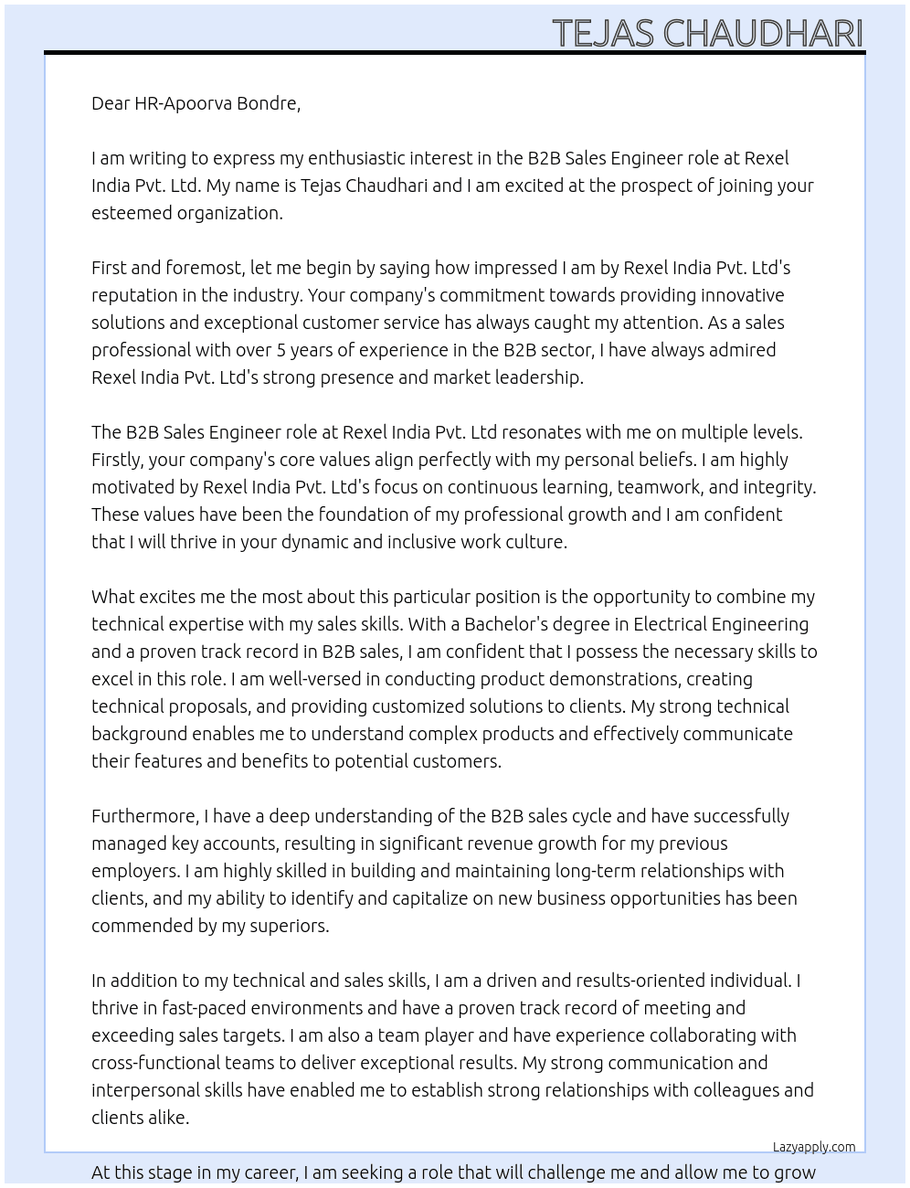  B2B Sales Engineer Role At Rexel India Pvt. Ltd Cover Letter