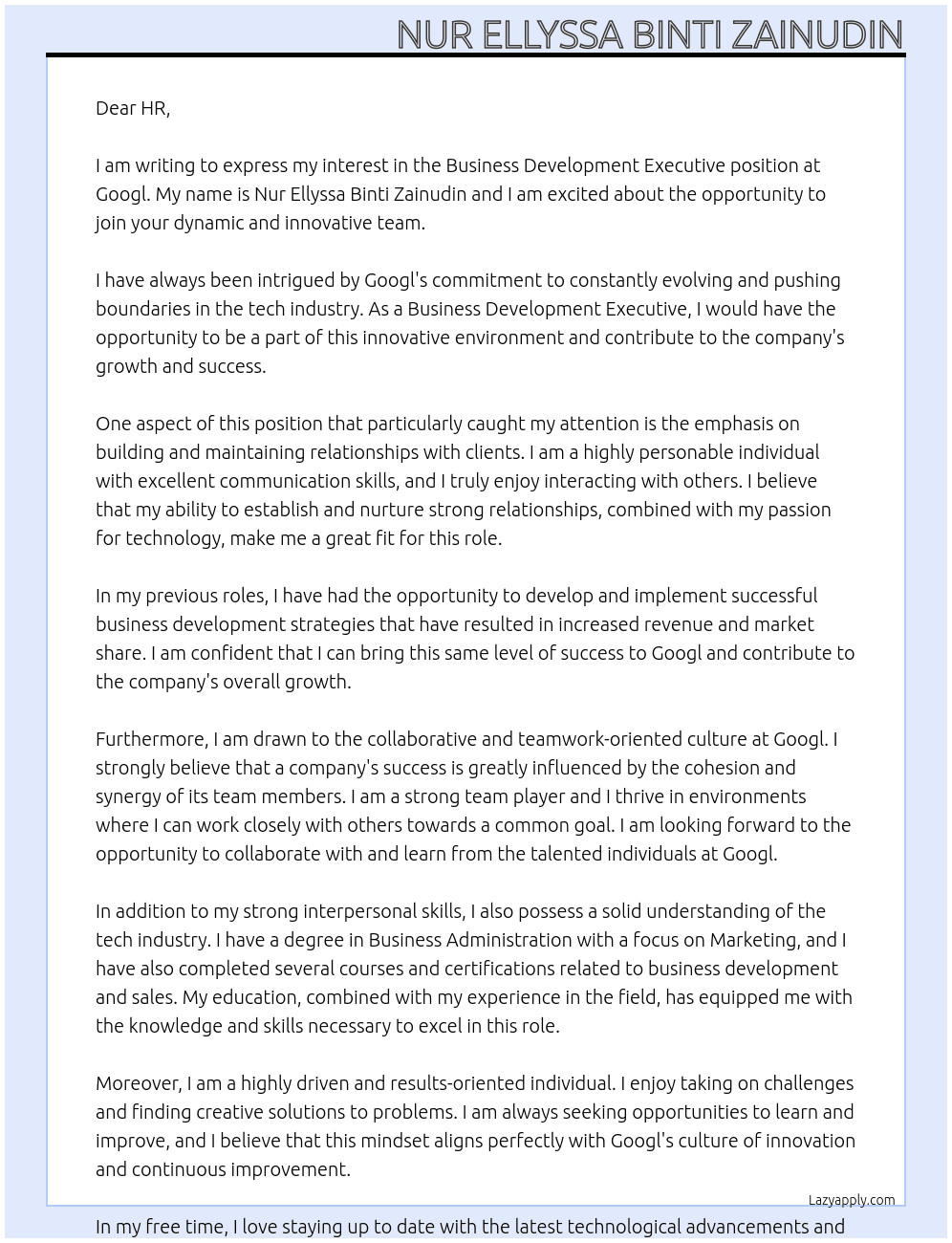 Business Development Executive At googl Cover Letter