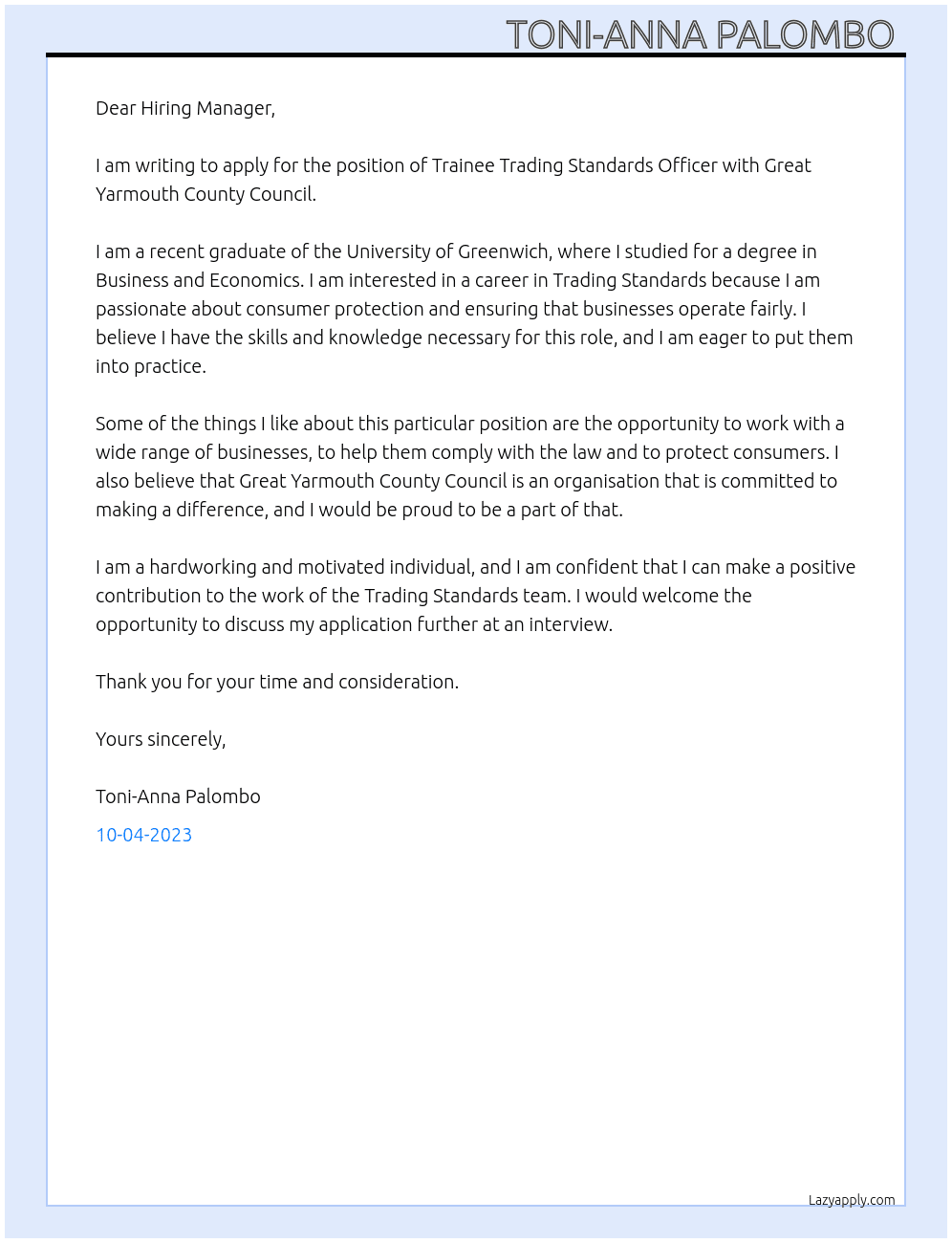 Trainee trading standards officer  At Great Yarmouth county council  Cover Letter