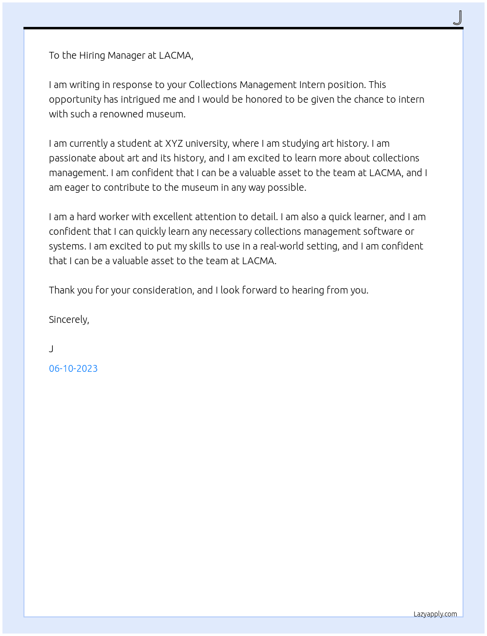 Collections Management Intern At LACMA Cover Letter