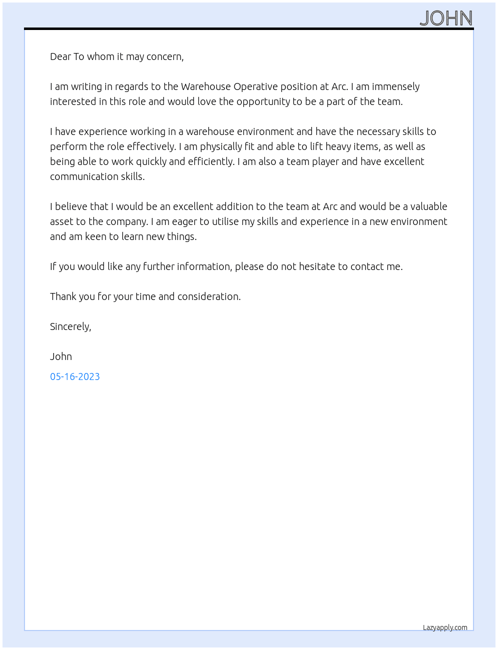 Warehouse Operative At Arc Cover Letter
