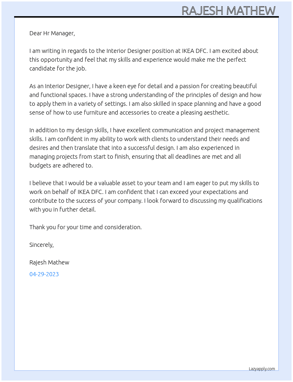 Interior Designer At IKEA DFC Cover Letter