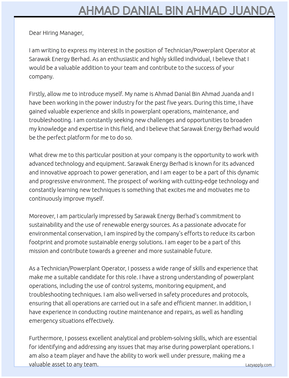 Technician/powerplant operator At Sarawak Energy Berhad Cover Letter