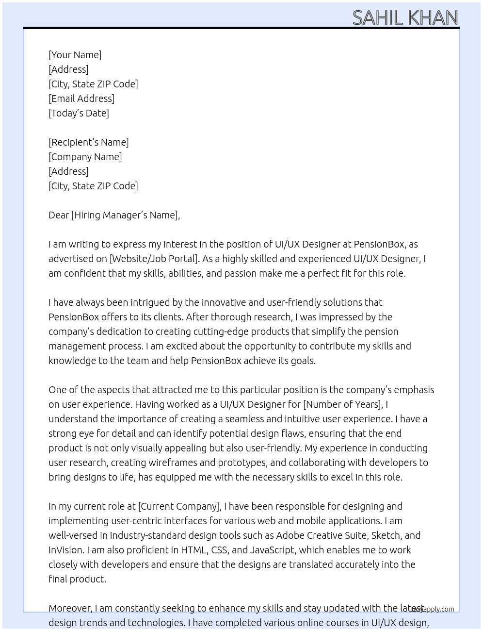 UI/UX Design At PensionBox Cover Letter