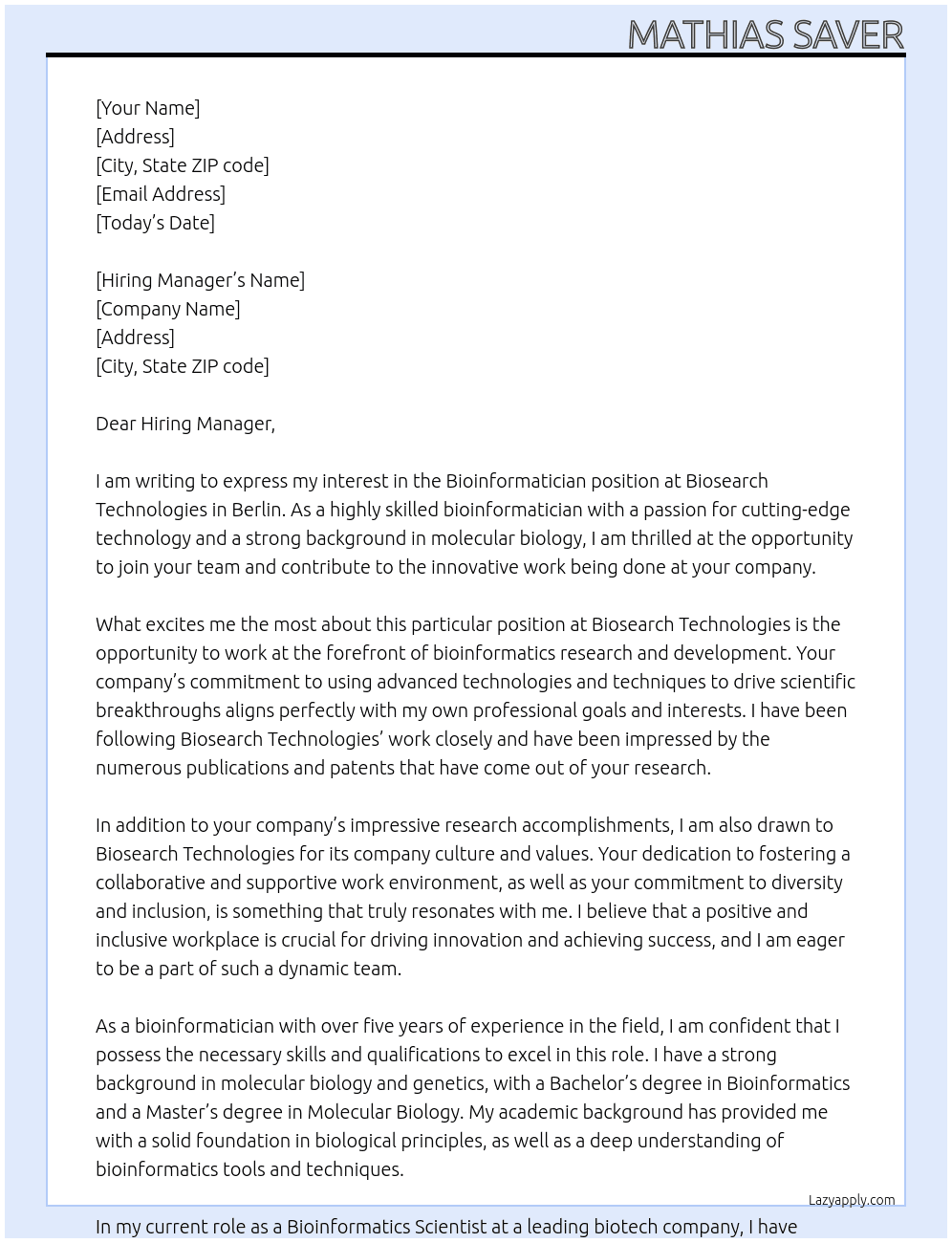 Bioinformatician At Biosearch Technologies Cover Letter