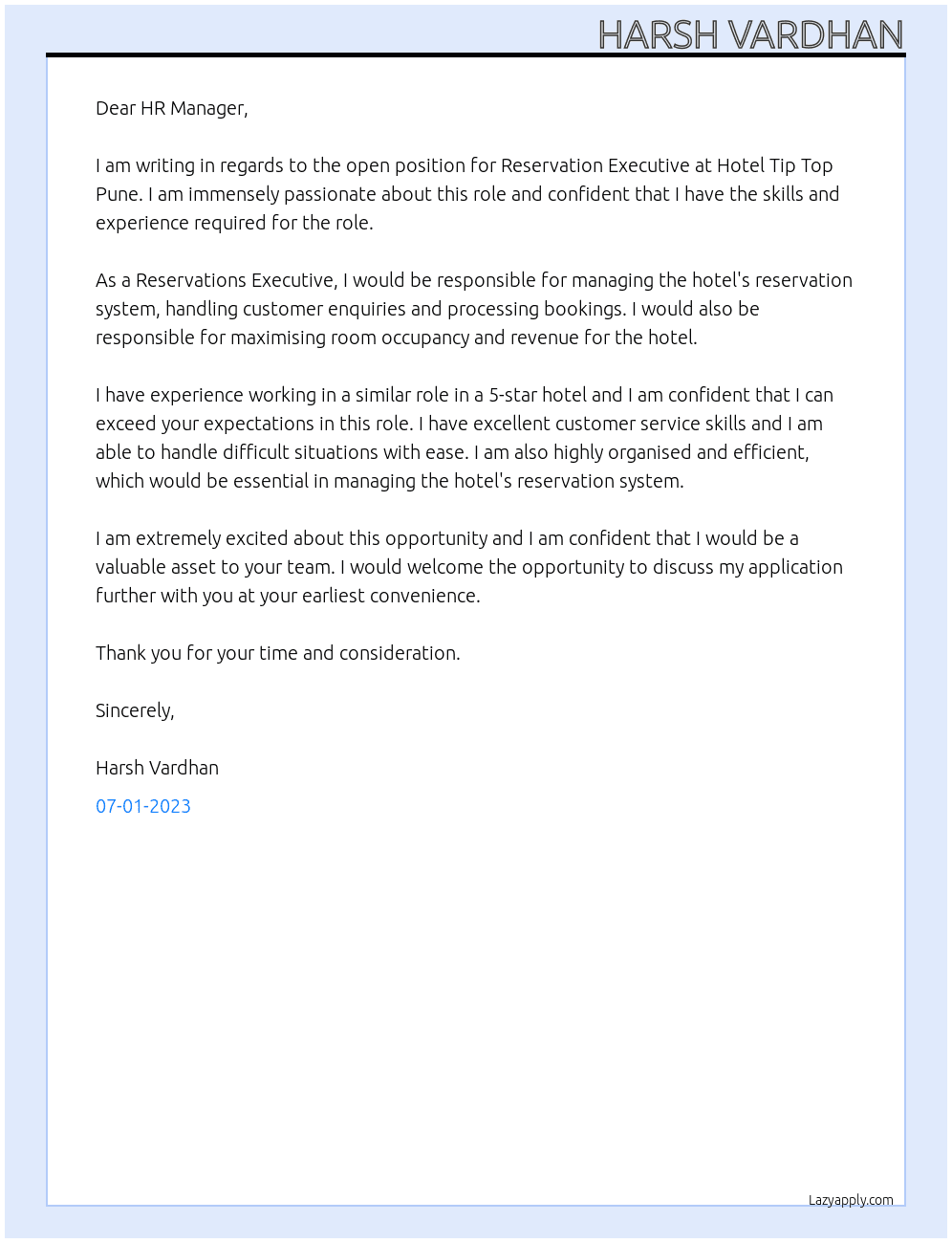Reservation Executive At Hotel Tip Top Pune Cover Letter