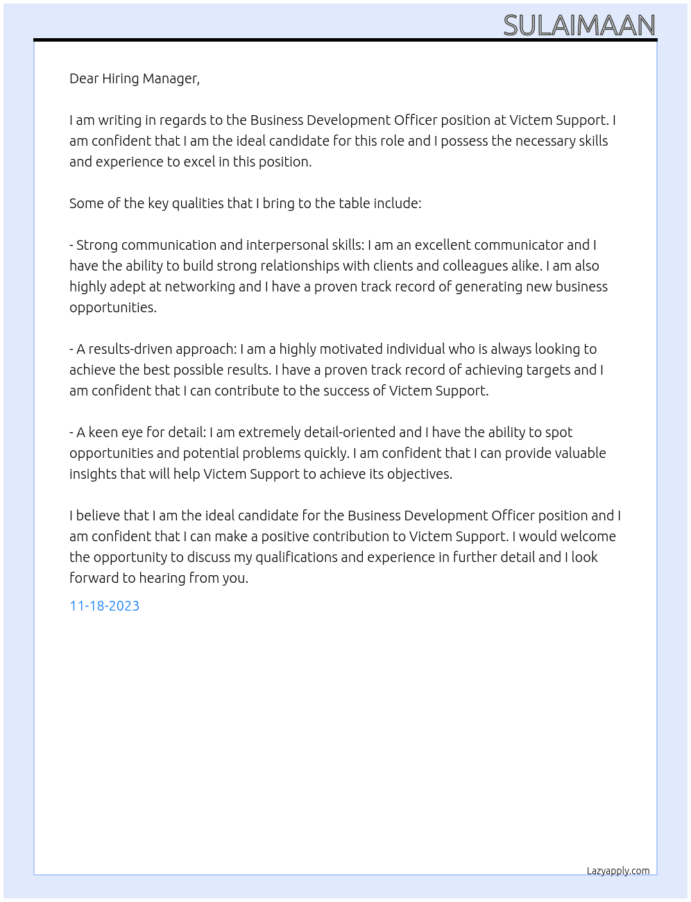 Business Development Officer At  Victem Support Cover Letter