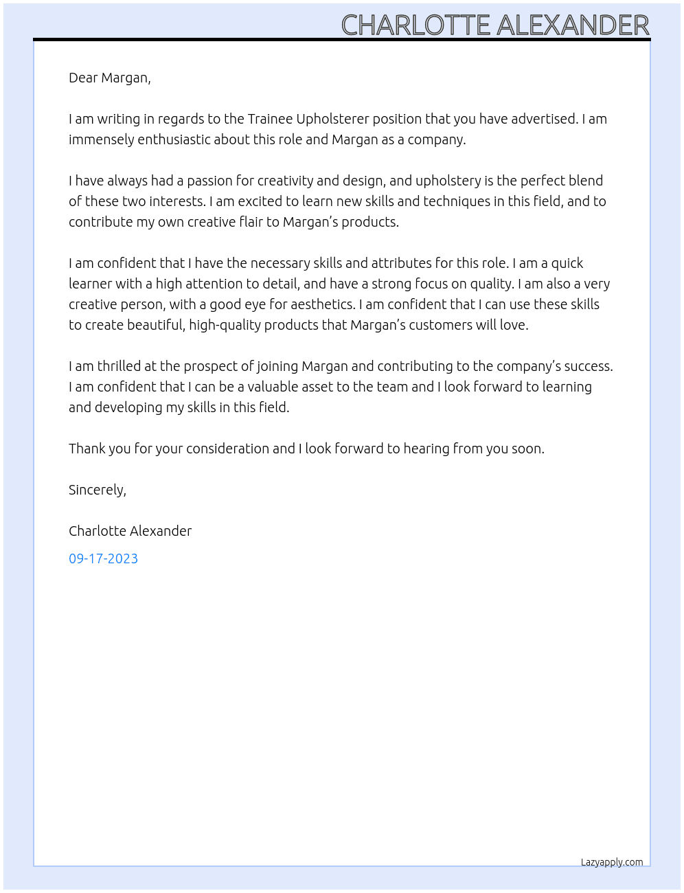 Trainee Upholsterer At Margan Cover Letter