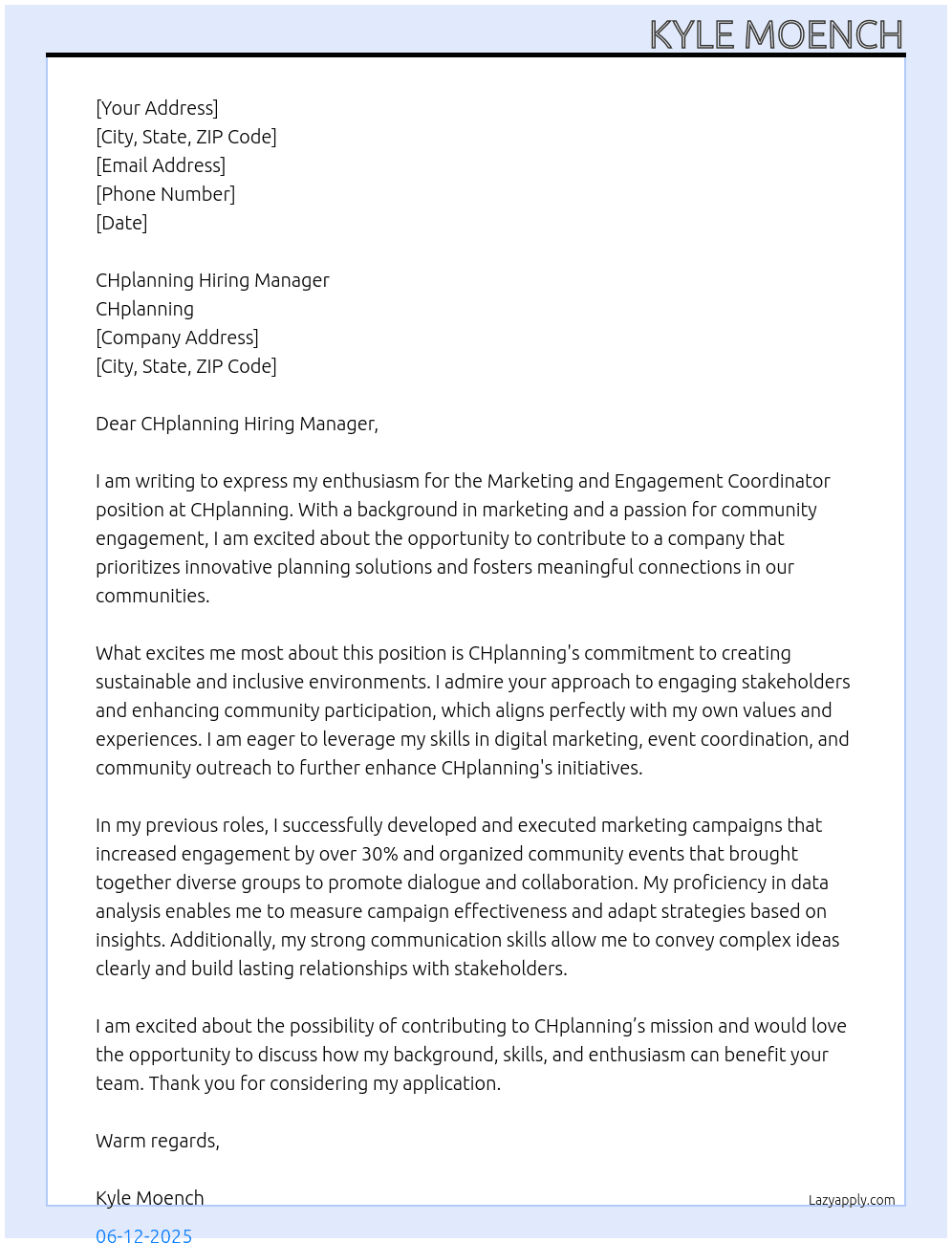 Marketing and Engagement Coordinator At CHplanning Cover Letter