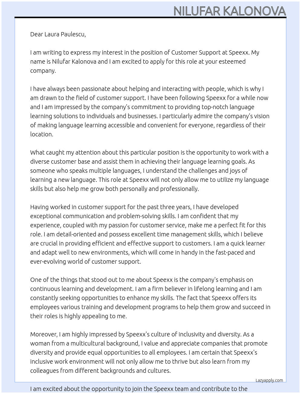 customer support At  Speexx Cover Letter