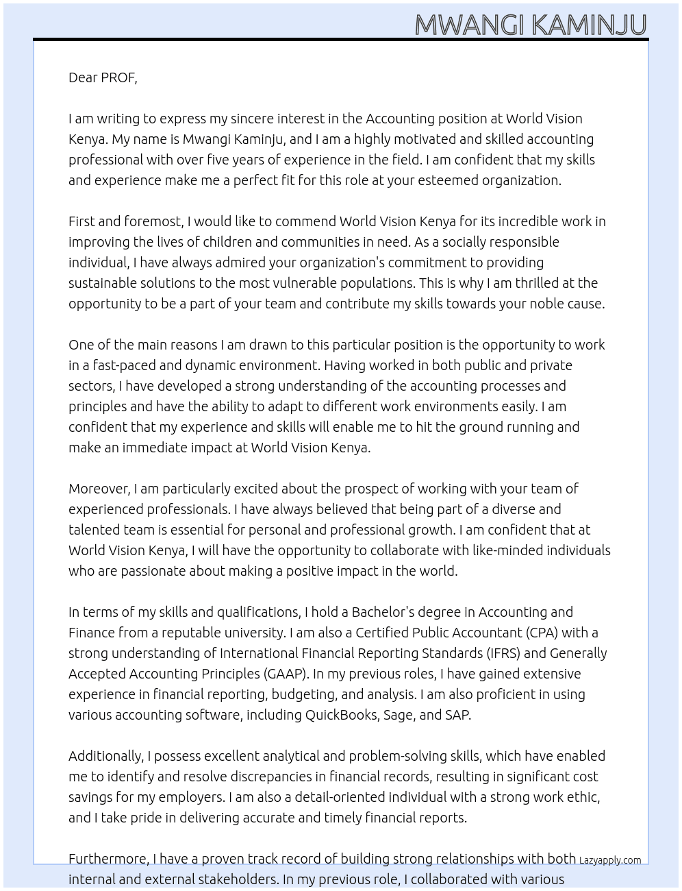 ACCOUNTING  At WORLD VISION KENYA Cover Letter