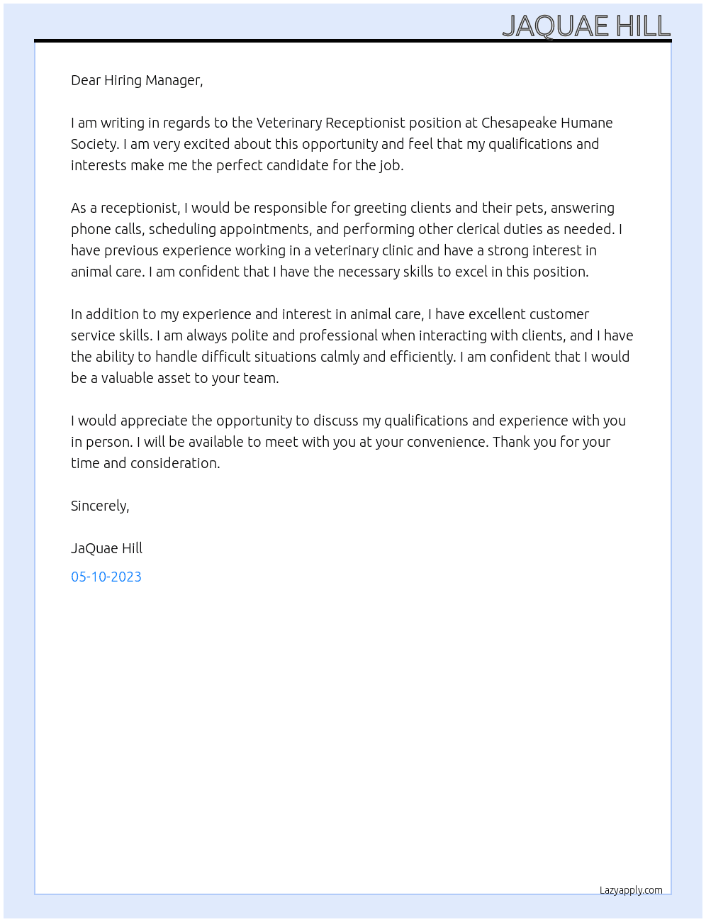Veterinary Receptionist  At Chesapeake Humane Society  Cover Letter