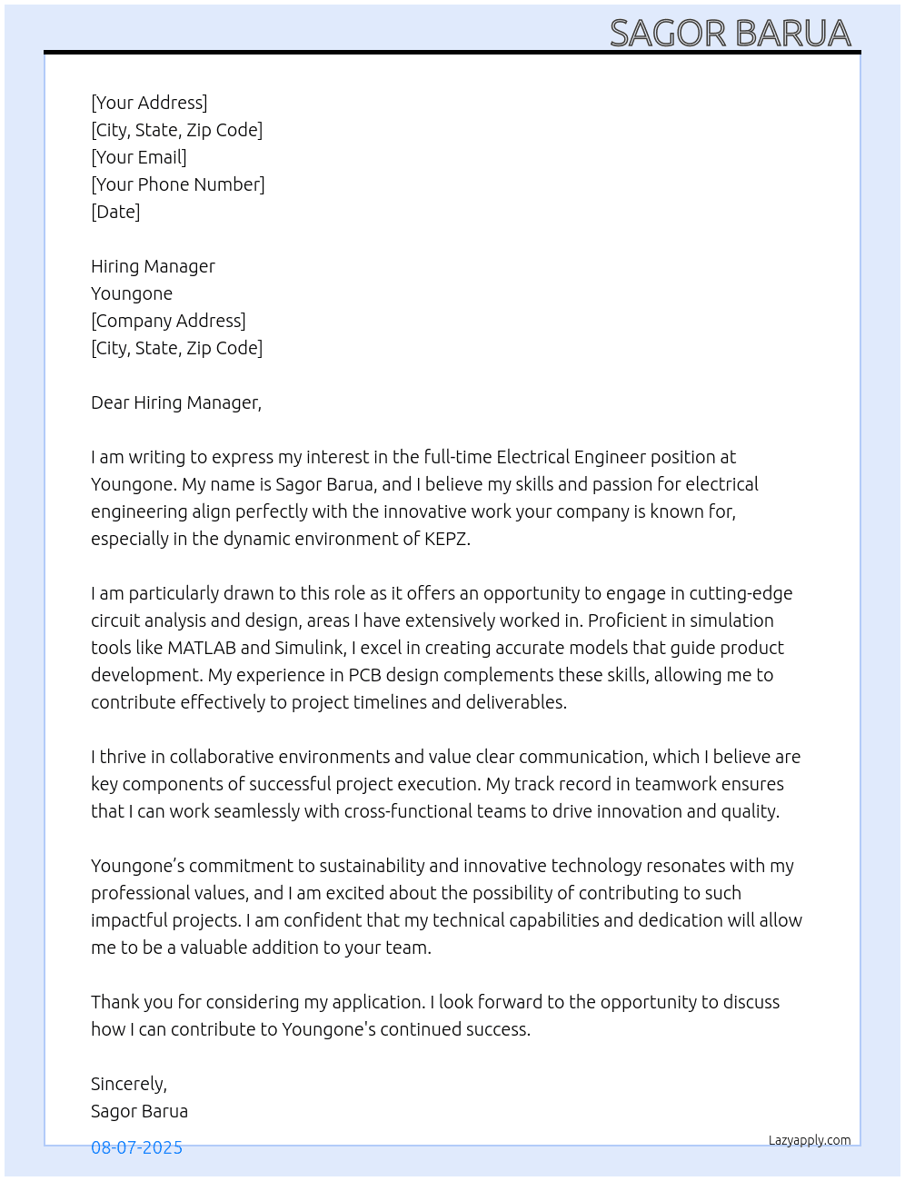 Electrical Engineer At Youngone  Cover Letter