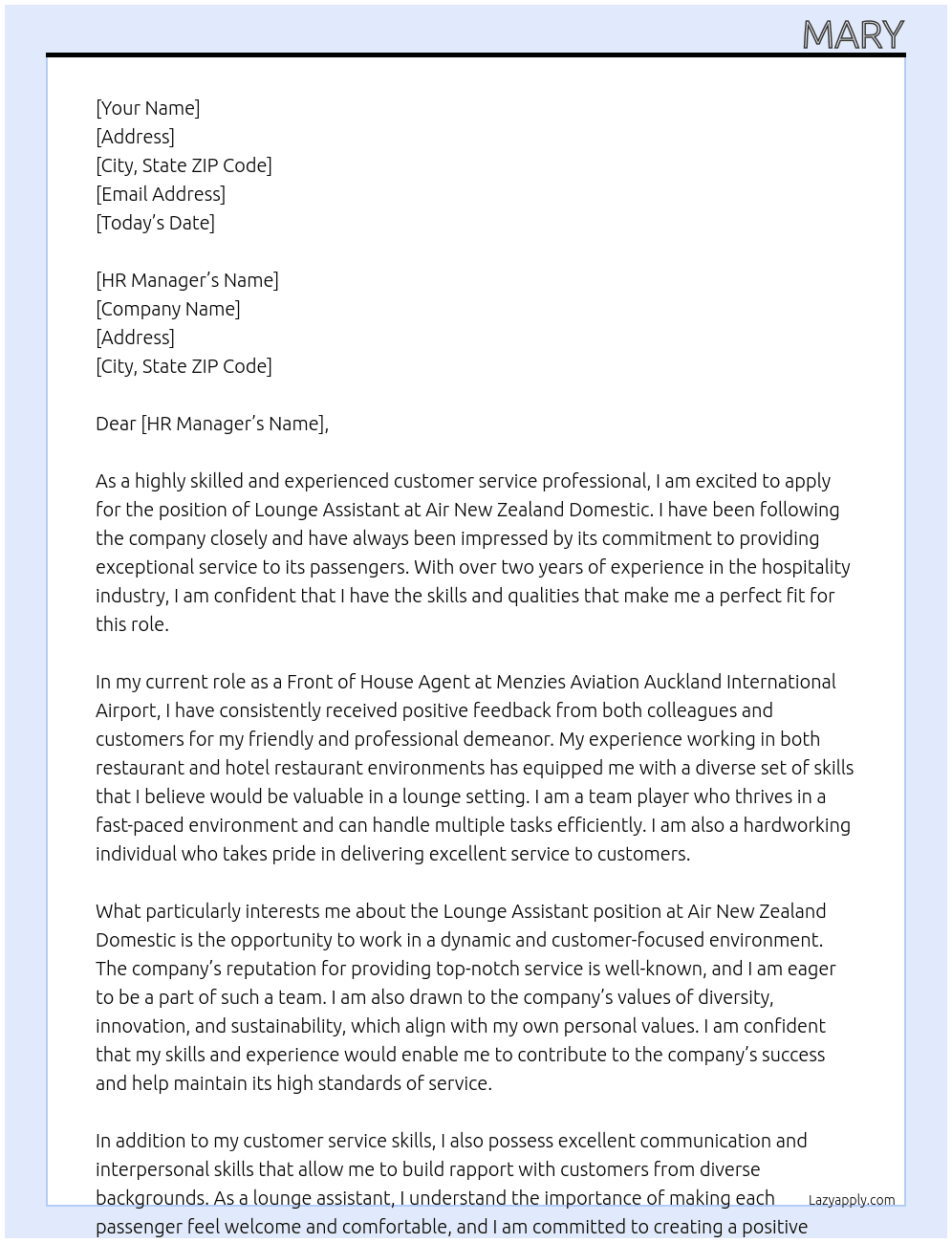 Cover letter for lounge assistant - LazyApply